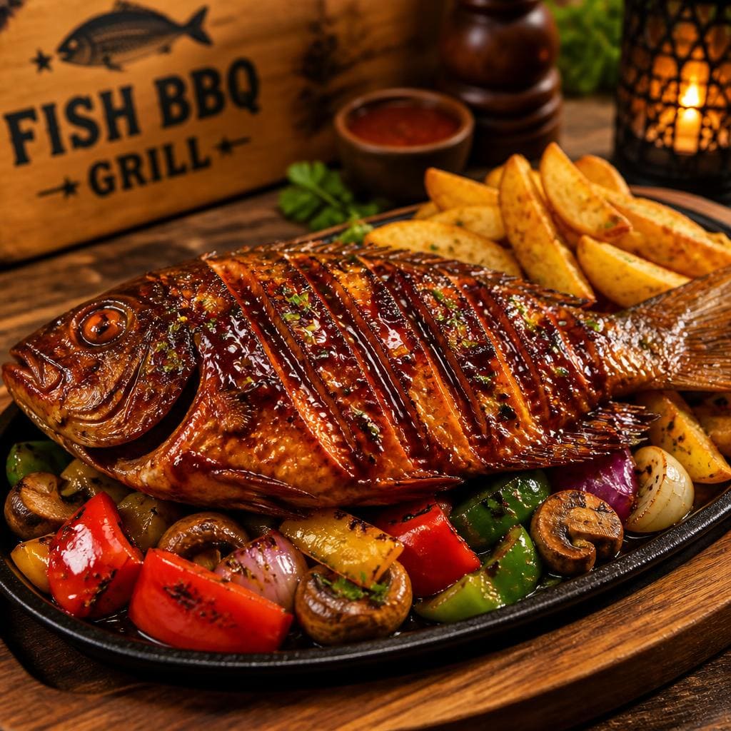 Fish Bbq Grill dengan ikan grill, BBQ sauce, kentang, dan mix vegetable